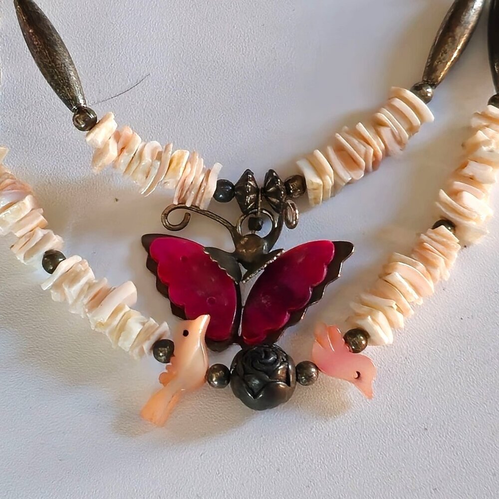 VTG Sterling Silver Double Strand MOP Fetish Bird Butterfly Pendant Necklace 16" - Picture 3 of 11